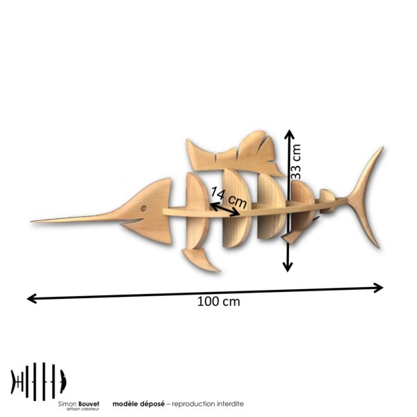 dimensions de l'espadon, longueur, hauteur, profondeur en cm : 100 x 33 x 14