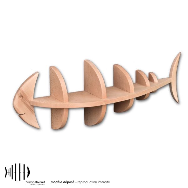 étagère murale 66cm en bois massif en forme de poisson