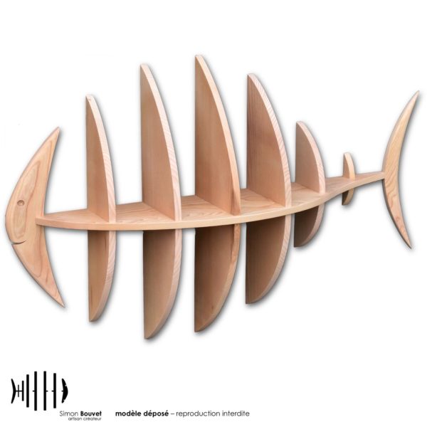 étagère murale 103cm en bois massif en forme de poisson