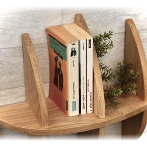 étagère poisson 60cm vue rapprochée avec des livres et plantes vertes