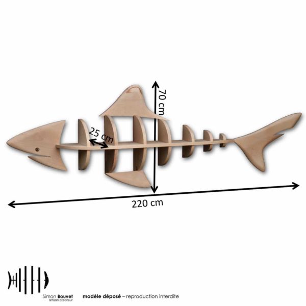 dimensions étagère requin, longueur, hauteur, profondeur en cm : 220 x 70 x 25