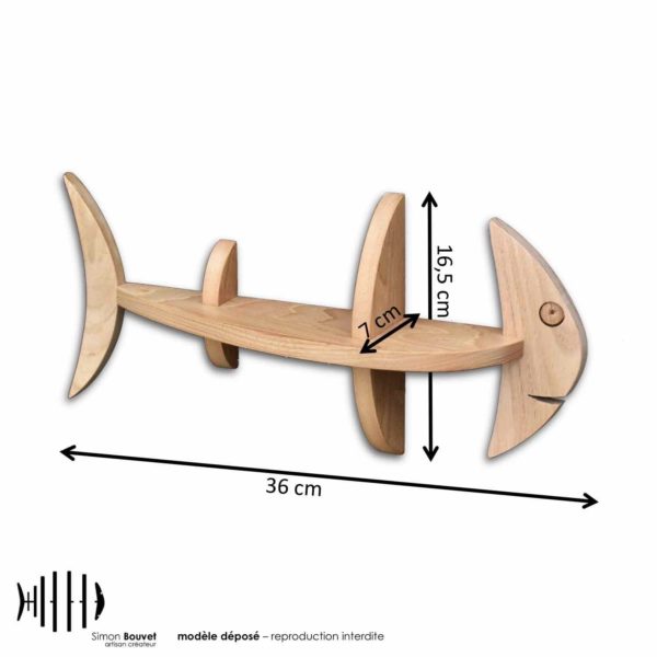 dimensions étagère poisson, longueur, hauteur, profondeur en cm : 36 x 16,5 x 7
