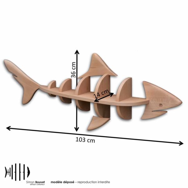 dimensions étagère requin, longueur, hauteur, profondeur en cm : 103 x 36 x 14