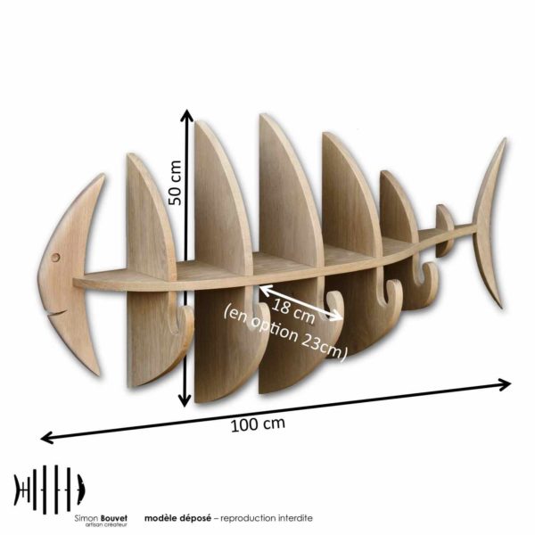 dimensions étagère poisson, longueur, hauteur, profondeur en cm : 100 x 50 x 18 (en option 23cm)