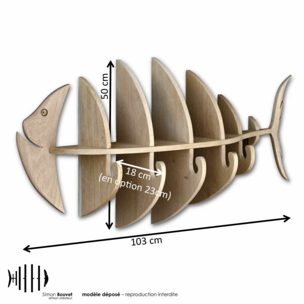 dimensions étagère poisson, longueur, hauteur, profondeur en cm : 103 x 50 x 18 (en option 23cm)