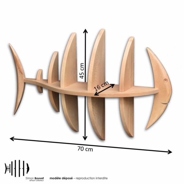 dimensions étagère poisson, longueur, hauteur, profondeur en cm : 70 x 45 x 16