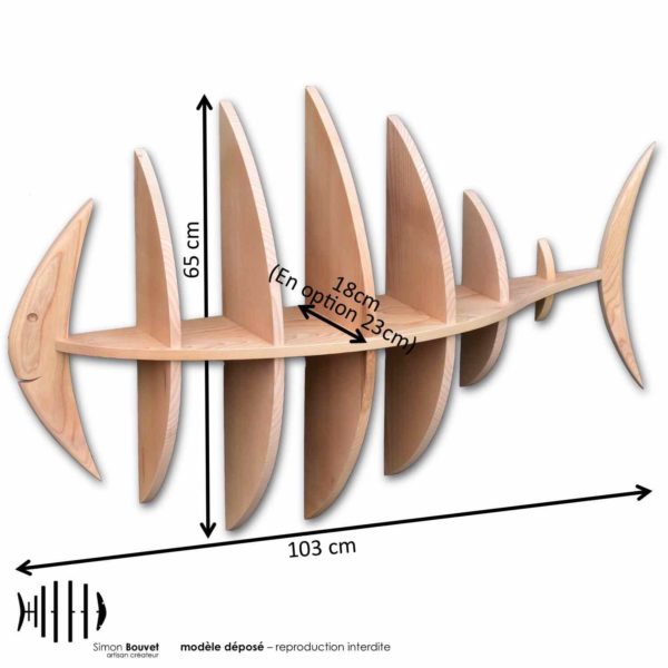 dimensions étagère poisson, longueur, hauteur, profondeur en cm : 103 x 65 x 18 (en option 23cm)