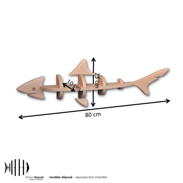 dimensions étagère requin, longueur, hauteur, profondeur en cm : 80 x 23 x 10
