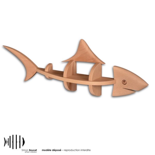 étagère murale 55cm en bois massif en forme de requin