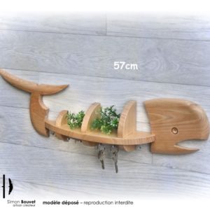 vue avant de la baleine 57cm avec 6 crochets à clés et 2 plantes d'ornement